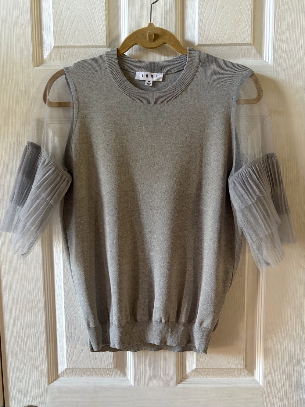 THML Fly Away Mesh Sleeve Pleated Tulle Knit Sweater M
